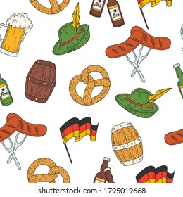 Oktoberfest seamless pattern with colored icons barrel, glass, bottle, pretzel, flag garland, sausage, german flag in sketch style. Design for menu, advertising and banners.for wallpaper, textures.