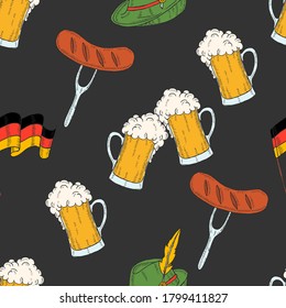 Oktoberfest seamless pattern with colored icons glass of beer, sausage, hat, german flag in sketch style. Design for menu, advertising and banners. For wallpaper, textures.