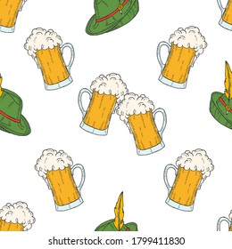 Oktoberfest seamless pattern with colored icons glass of beer, hat in sketch style. Beer festival. Design for menu, advertising and banners. For wallpaper, textures.