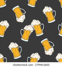 Oktoberfest es un patrón sin fisuras con los iconos de colores vasos de cerveza en estilo de sketch. Diseño para menú, publicidad y banners.para fondo de pantalla, texturas.