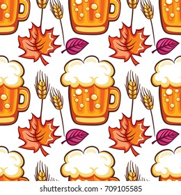Oktoberfest seamless pattern. Colorful mugs, draft beer with foam, autumn leaves and wheat grains, isolated on white background. Vector design elements for festival, party, bar offer, restaurant menu