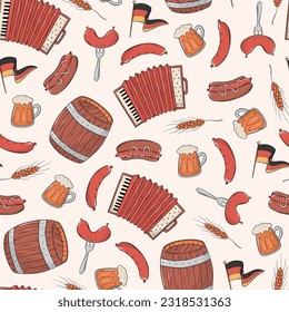 Oktoberfest seamless pattern with doodles of sausages, beer, barrels and flags. Wrapping paper, wallpaper, background,packaging, textile print design. EPS 10