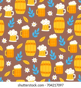 Oktoberfest seamless pattern with edelweiss, barrel, branch, leaves, beer glass on brown background. Perfect for wallpaper, gift paper, holiday greeting cards.