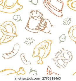 Oktoberfest seamless pattern featuring a beer mug, pretzels, sausages, roast chicken, Bavarian hat, acorns, and autumn leaves for festival backgrounds, wrapping paper and seasonal designs. Vecto