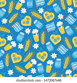 Oktoberfest seamless pattern with gingerbread, beer, bottle, bavarian flag, edelweiss, wheat on blue background. Perfect for restaurant menu, beer festival, greeting cards, wallpaper