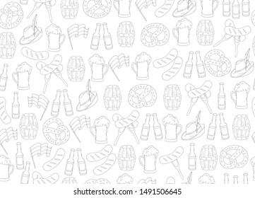 Oktoberfest seamless pattern with hand drawn colored glass of beer, hat, pretzel, sausage, flag on white. Sketch. Oktoberfest pattern