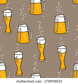  Oktoberfest Seamless pattern. Mug and glass with beer on brown background. Hand drawn vector doodle sketch. For Pub menu, party decor, placemat, t-shirt print and beer themes