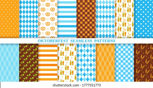 Oktoberfest seamless pattern. Octoberfest background. Vector. Textures with rhombuses, beer, pretzel, hop, stripe and plaid. Bavarian diamond print. Color illustration. Germany traditional wallpaper.