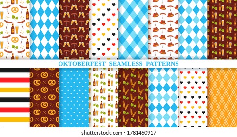Oktoberfest seamless pattern. Octoberfest background. Vector. Textures with rhombuses, beer, pretzel, hop, stripe and plaid. Bavarian diamond print. Color illustration. Germany traditional wallpaper.