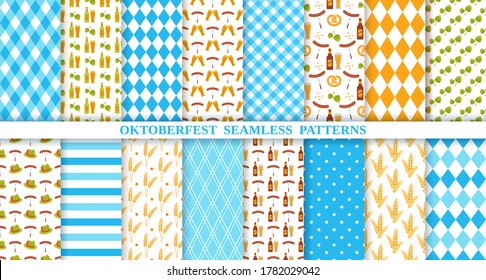 Oktoberfest seamless pattern. Octoberfest background. Vector. Prints with rhombus, beer, pretzel, sausage, hop, hat, stripe. Bavarian diamond texture. Blue illustration. Germany traditional wallpaper.