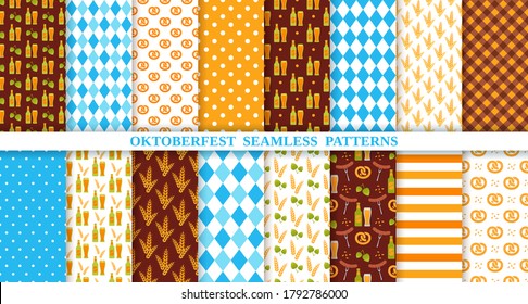 Oktoberfest nahtloses Muster. Oktoberfest-Hintergrund. Vektorgrafik. Texturen mit Obstbussen, Bier, Brezel, Hopfen, Wurst, Streifen und Plaid. Diamantdruck. Deutschland traditionelle Tapete. Farbillustration.