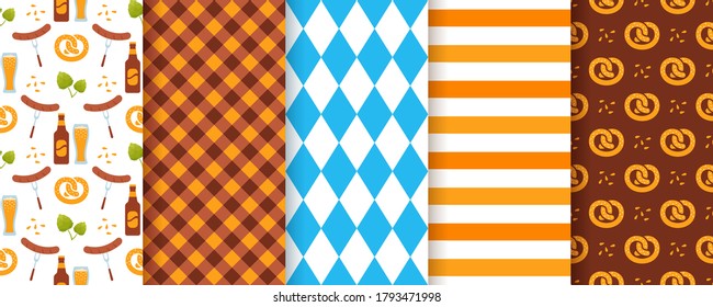 Oktoberfest seamless pattern. Octoberfest background. Vector. Textures with rhombus, beer, pretzel, stripes and gingham. Set Germany diamond prints. Color illustration. Bavarian traditional wallpaper.