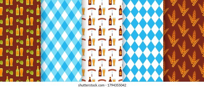 Oktoberfest seamless pattern. Octoberfest background. Vector. Textures with beer, rhombus and spikes of wheat. Set of Germany traditional wallpapers. Bavarian diamond prints. Color illustration