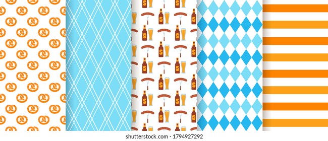 Oktoberfest seamless pattern. Octoberfest background. Vector. Textures with beer, rhombus, pretzel and stripes. Set of Germany traditional wallpapers. Bavarian diamond prints. Color illustration