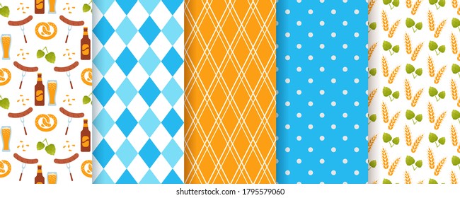 Oktoberfest seamless pattern. Octoberfest background. Vector. Texture with rhombus, beer, ears of wheat and polka dot. Set of Bavarian diamond prints. Germany traditional wallpaper. Color illustration