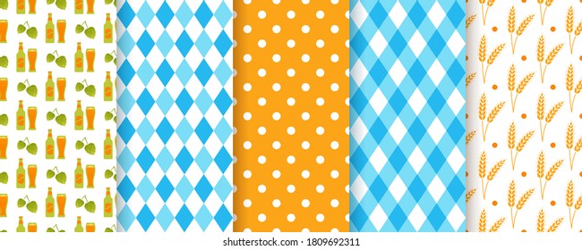 Oktoberfest seamless pattern. Octoberfest background. Vector. Textures with rhombus, beer, polka dots and spikelets of wheat. Set Germany diamond prints. Color illustration. Bavarian wallpaper.