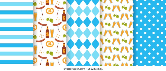 Oktoberfest seamless pattern. Octoberfest background. Vector. Texture with rhombus, beer, stripe, sausage and polka dot. Set Bavarian diamond prints. Germany traditional wallpaper. Color illustration