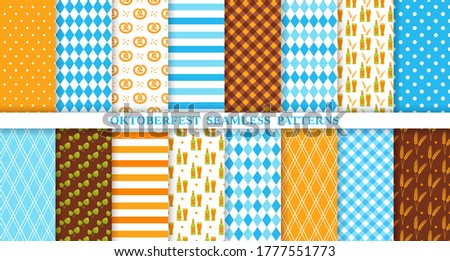 Oktoberfest seamless pattern. Octoberfest background. Vector. Textures with rhombuses, beer, pretzel, hop, stripe and plaid. Bavarian diamond print. Color illustration. Germany traditional wallpaper.