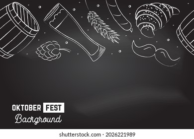 Oktoberfest Seamless Pattern on the chalkboard. Vector Illustration. Oktoberfest holiday background with beer, sausage, wheat, hop. For posters, banner to oktoberfest festival