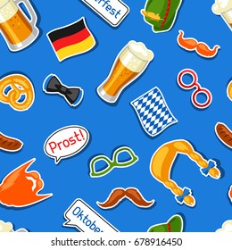 Oktoberfest seamless pattern with photo booth stickers. Background for festival and party.