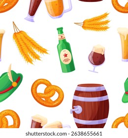 Oktoberfest seamless pattern. Pretzel, beer glasses and bottle, wheat and wood barrel. Drink festival print design for textile, nowaday vector background