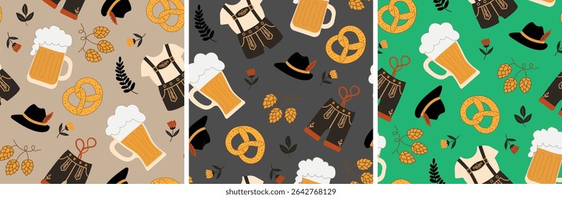 oktoberfest padrão sem costura definido com canecas de cerveja pretzels lederhosen e lúpulo em fundo cinza bege e verde para as celebrações da arte folclórica da bávara