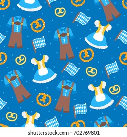 Oktoberfest seamless pattern with traditional clothes, flag and pretzel on blue background. Perfect for wallpaper, gift paper, holiday greeting cards.