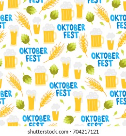 Oktoberfest seamless pattern with wheat, hop, beer glass, leaves on white background. Perfect for wallpaper, gift paper, holiday greeting cards.