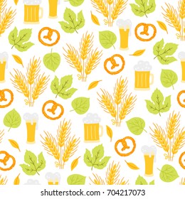 Oktoberfest seamless pattern with wheat, pretzel, leaves and beer glass on white background. Perfect for wallpaper, gift paper, holiday greeting cards.