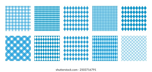 Oktoberfest seamless patterns set. White and blue backgrounds for beer festival, Bavarian print. Dirndl pattern set. Bavarian pattern with blue and white rhombus, diamonds. Checkered, plaid wallpaper.