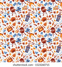 Oktoberfest seamless surface pattern. Beer festival icon pattern design on white background.