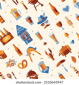 Oktoberfest seamless surface pattern. Beer festival icon pattern design on light background.