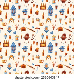 Oktoberfest seamless surface pattern. Beer festival icon pattern design on light background.