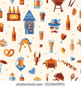 Oktoberfest seamless surface pattern. Beer festival icon pattern design on light background.