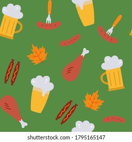 Oktoberfest seamless vector pattern with beer, sausages, leaves on a green background. Vector flat illustration. For the design of textiles, Wallpaper, wrapping paper, postcards.