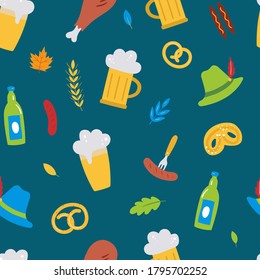 Oktoberfest seamless vector pattern with beer, sausages, leave, hat, pretzel,wheat on a blue background. Vector flat illustration. For the design of textiles, Wallpaper, wrapping paper, postcards.