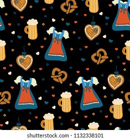 Oktoberfest seamless vector pattern. Dirndl dress, Lebkuchenherz, flowers, hearts, pretzels. Black background. Bavarian Oktoberfest costumes.