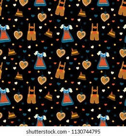 Oktoberfest seamless vector pattern. Lederhosen and Dirndl dress, Lebkuchenherz, flowers, hearts, Oktoberfest hat. Black background. Bavarian Oktoberfest costumes.