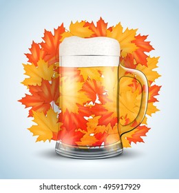 Oktoberfest and Season Beer Festival Symbol. Beer mug and leaves. Vector Illustration