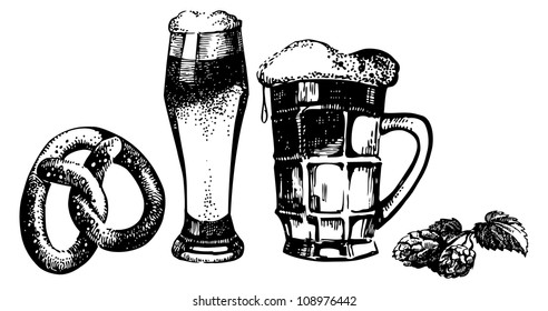 Oktoberfest set of beer, hops and pretzel. Hand drawn illustrations	