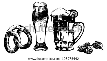 Oktoberfest set of beer, hops and pretzel. Hand drawn illustrations	