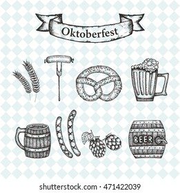 Oktoberfest. A set of beer, sausages and pretzels with hops. Hand drawn illustration