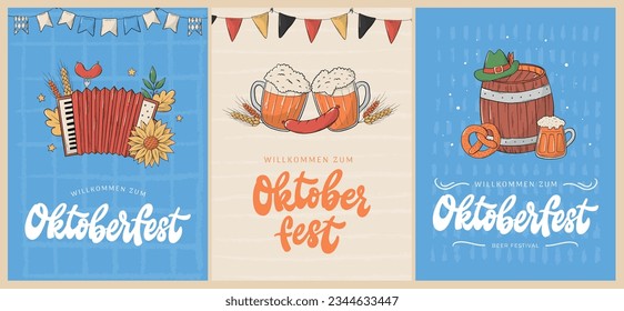 Oktoberfest conjunto de tarjetas, afiches, impresiones, plantillas, invitaciones, banners con citas con letras Willkommen zum Oktoberfest - 'Bienvenidos al Oktoberfest' y garabatos. EPS 10