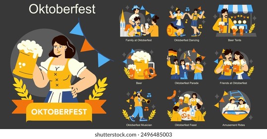 Oktoberfest set. Celebratory scenes of beer festival traditions with dancing, parades, and family fun. German culture, cheerful gatherings, and festivities. Vector illustration.