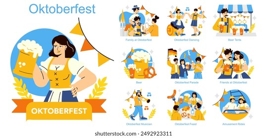 Oktoberfest set. Celebratory scenes depicting traditional German festival activities. Family enjoyment, cultural dances, beer tent gatherings, and parade fun. Vector illustration.