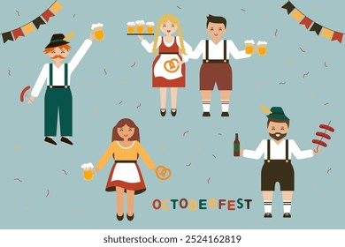 Oktoberfest Set, Characters with Beer and Sausage in Traditional Outfits, vector illustration