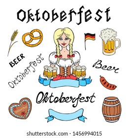 Oktoberfest set. Collection of attributes and lettering of the Oktoberfest festival. Hand drawing. Vector illustration.