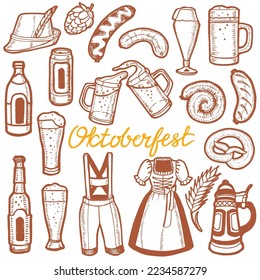 Oktoberfest Set. Festival Collection in in Hand Drawn Style for for Surface Design Fliers Banners Prints Posters Cards Menu Ads. Vector Illustration