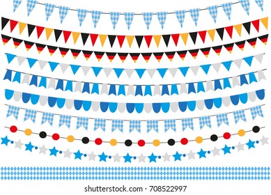 Oktoberfest set of flags, bunting, garland. October fest in germany collection of design elements. Isolated on white background. Vector illustration