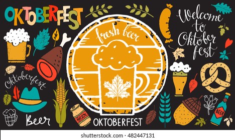 Oktoberfest set. Food and drink, ribbon, hat. Welcome Oktoberfest, Beer, Oktoberfest handwritten text. Isolated on balck background